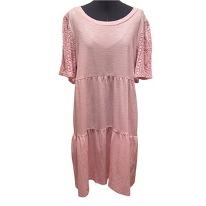 NEW Suzanne Betro Pink Tiered Cotton Blend Dress Lace Short Sleeves Women's XL